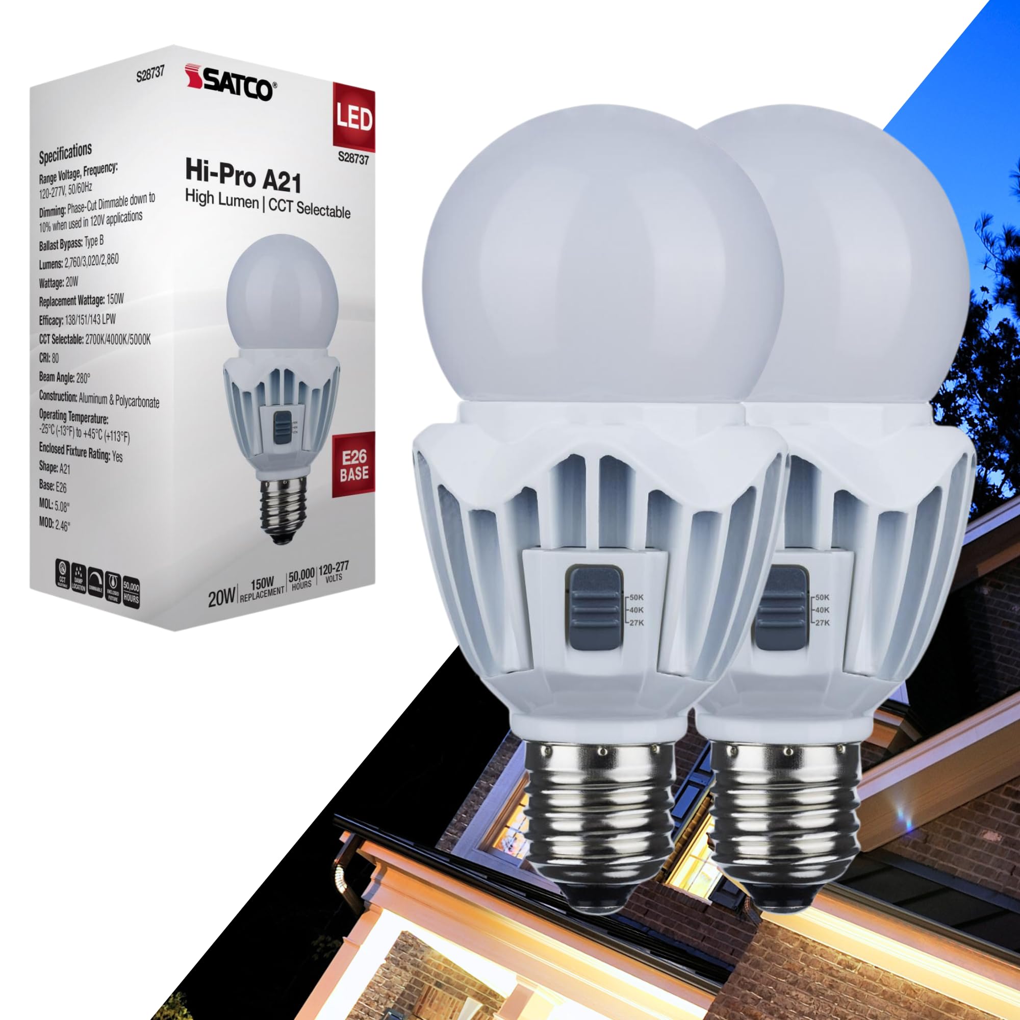 Satco 2 Pack 20 Watt LED A21 Light Bulbs S28737, High Lumen Output
